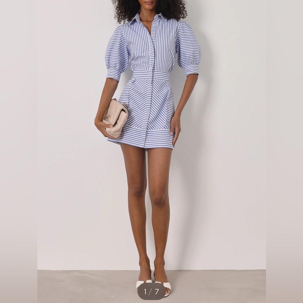 NWT Vita Grace Levante Blue White Striped Puff Sleeve Mini Shirt Dress Size M